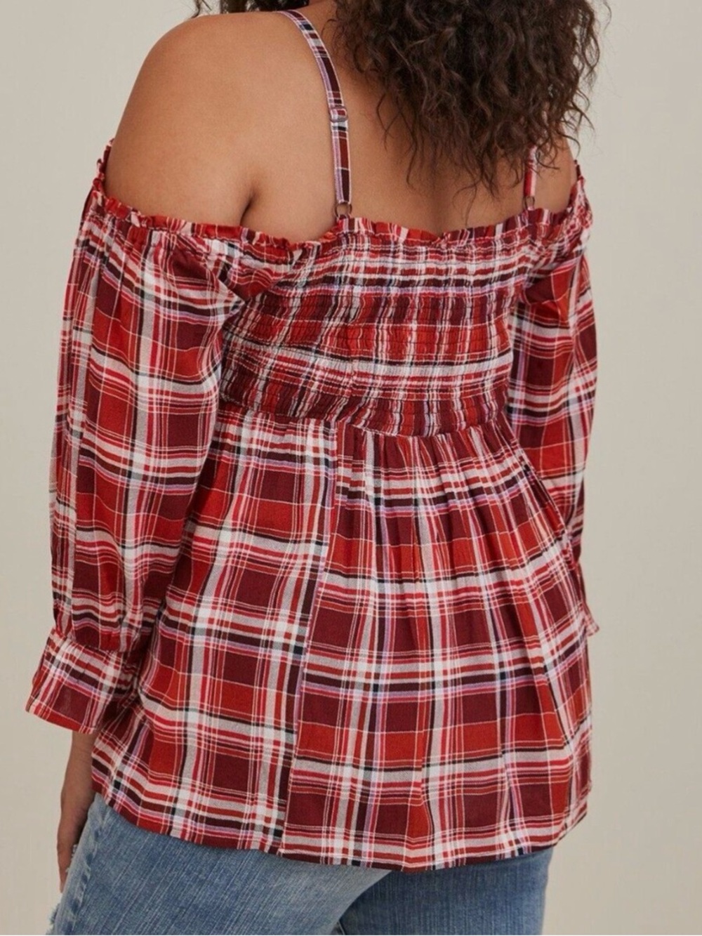Torrid Babydoll Crinkle Gauze Plaid Smocked Cold Shoulder Top Lumberjack Vibes - Picture 3 of 8
